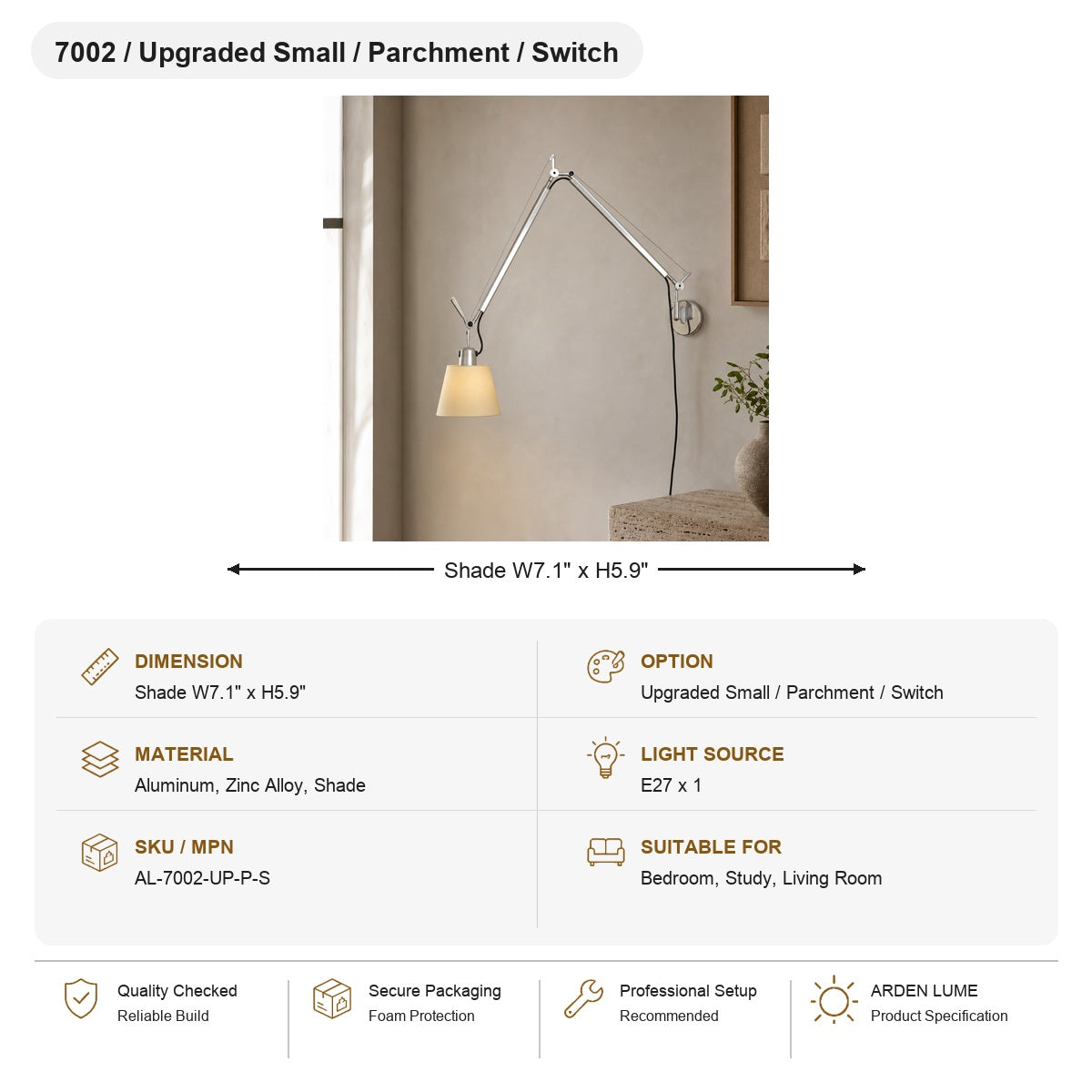 
Bauhaus Adjustable Parchment Swing Arm Wall Light SKU AL-7002-UP-P-S