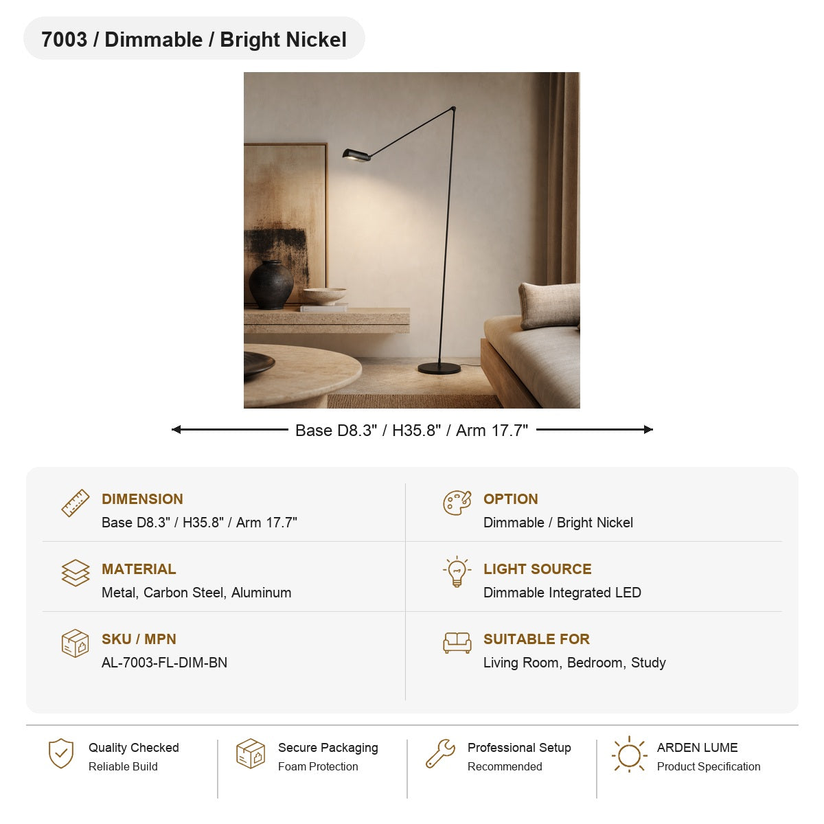 
Daphine Adjustable LED Floor Lamp SKU AL-7003-FL-DIM-BN