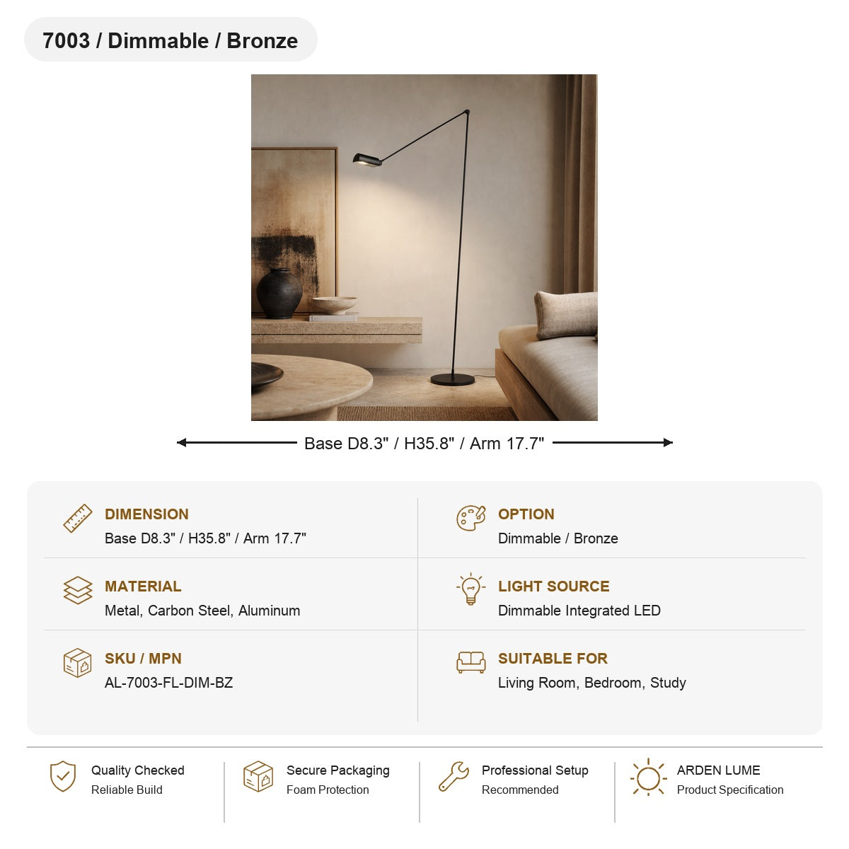 
Daphine Adjustable LED Floor Lamp SKU AL-7003-FL-DIM-BZ